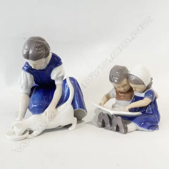 2 B&amp;G DENMARK FIGURINES, GIRL WITH CAT, No. #1745, H.130mm &amp; CHILDREN READING #1567