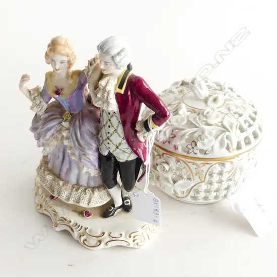 DRESDEN PIERCED WHITE &amp; GOLD LIDDED BOX w APPLIED FLOWERS (DIA 115mm) &#x2B; ADDERLY PORCELAIN &amp; LACE FIGURES (A/.F) H.180mm