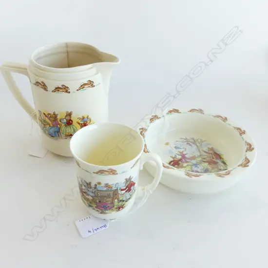 ROYAL DOULTON BUNNIKINS PAT CHILDS PLATE DIA155MM CHILDS MUG H90MM & JUG  WITH CRACKS H135MM