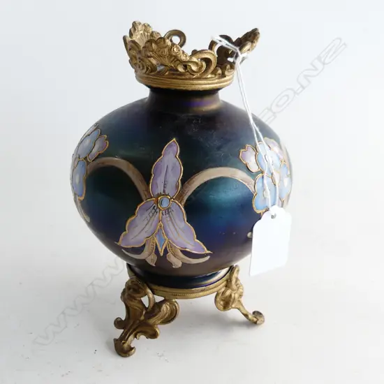 LOETZ STYLE PURPLE OPALESCENT GLASS & BRASS VASE w ENAMELLED FLOWERS (SIG. TO BASE 'A 1969' H. 175mm