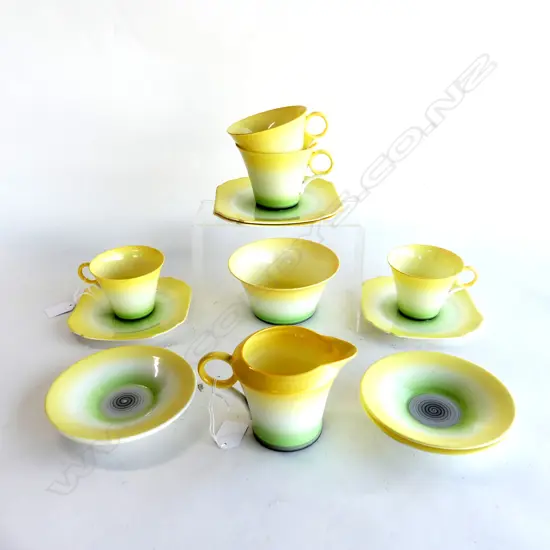 PART SHELLEY TEASET. YELLOW TO GREEN STRIPED COLORWAY. REG FOR 1933 SHAPE REGENT. 4 TRIOS SUGAR AND MILK
