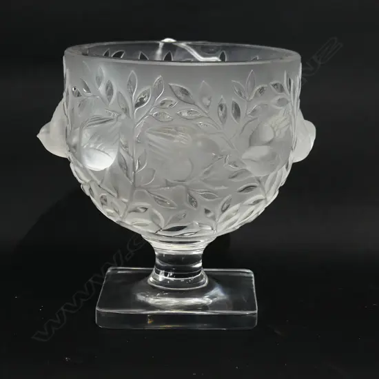 LALIQUE SATIN GLASS OPEN ' ELIZABETH ' VASE WITH BIRDS IN RELIEF. ENGRAVED  ' LALIQUE FRANCE ' TO BASE. W. 115 H. 130mm 