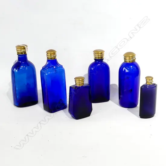 6 BLUE GLASS BOTTLES W BRASS LIDS tallest 190mm