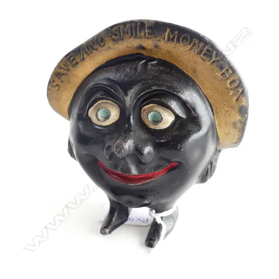'SAVE AND SMILE' CAST IRON MONEY BOX - GOLD BONNET...