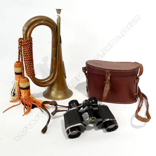 VINTAGE MILITARY BUGLE L.290mm + PR NZ WWII BINOCULARS, CASED