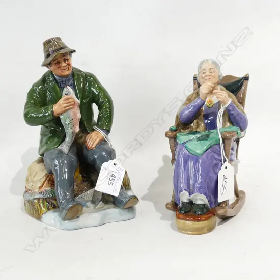 TWO ROYAL DOULTON FIGURINES. 'A STITCH IN TIME H. 150mm ' AND ' A GOOD CATCH ' H. 180mm