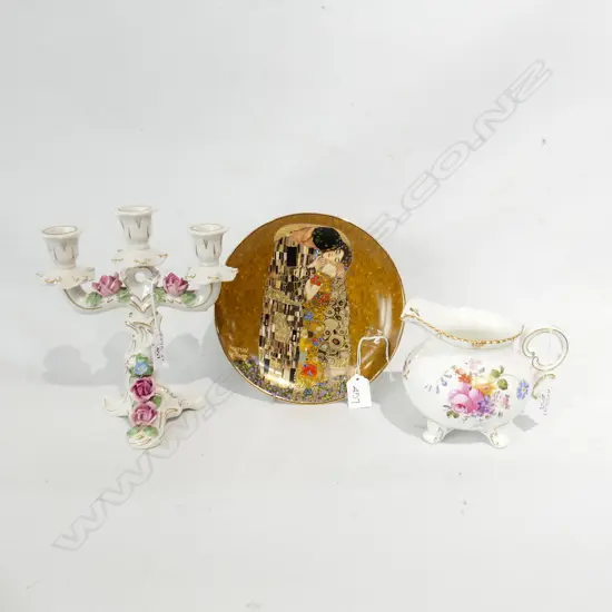 ROYAL CROWN DERBY POSIES JUG + GERMANCANDLEABRA + GUSTAV KLIMT PLATE