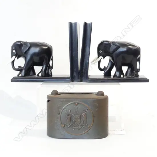 PR EBONY ELEPHANT BOOKENDS + NZ Post Office MONEY BANK