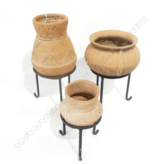 	3 ANCIENT STYLE TERRACOTTA POTS IN METAL STANDS Tallest H.315mm
