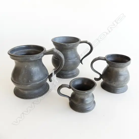 4 VICTORIAN PEWTER MEASURES / GILLS – VR 1866, GASKELL & CHAMBERS ETC H. 80mm