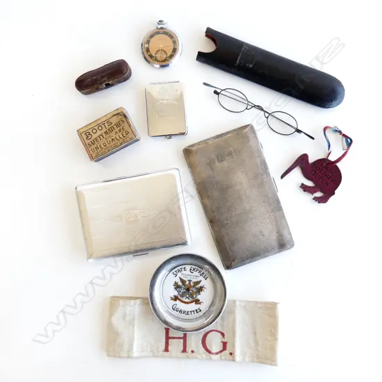 COLLECTABLES – CIGARETTE CASES, VESTA HOLDER, SPECTACLES, STOP WATCH, OUR SOLIDERS QUEEN, H.G. CLOTH BAND ETC