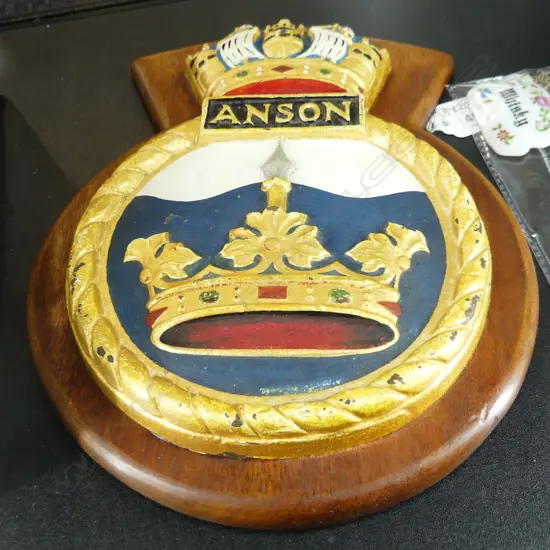 WWII WAR SHIP CREST 'THE ANSON'  PAINTED CAST IRON 210 X 260mm
