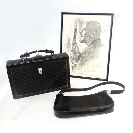 THREE ITEMS TWO BLACK HANDBAGS AND A SIGNED PRINT OF PETE FOUNTAIN AMERICAN JAZZ CLARINETIST.
