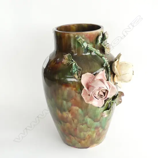 LG MAJOLICA FLOOR VASE WITH APPLIED FLORAL DECORATION, ATTRIB. MILTON  H. 400MM
