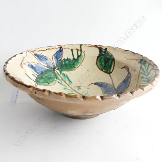 VINTAGE INDIAN CERAMIC BOWL WITH LEAD GLAZED INTERIOR DIA  275mm