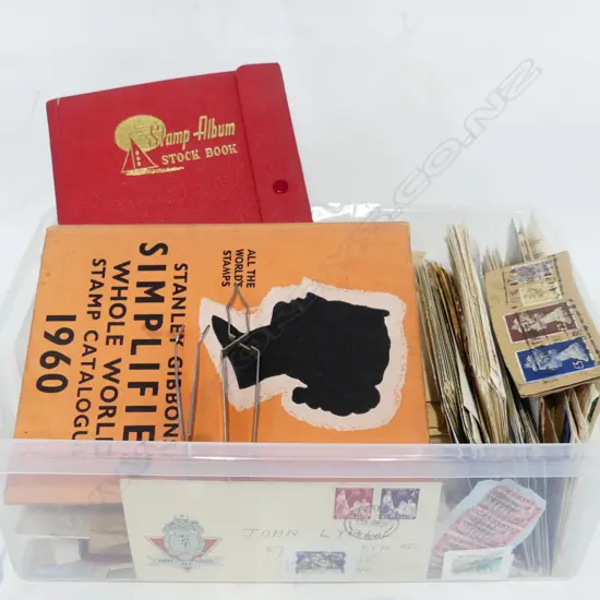 BOX LOT ASST. FIRST DAY COVERS, STANLEY GIBBONS 1960 CATALOGUE, STAMP ALBUM ETC