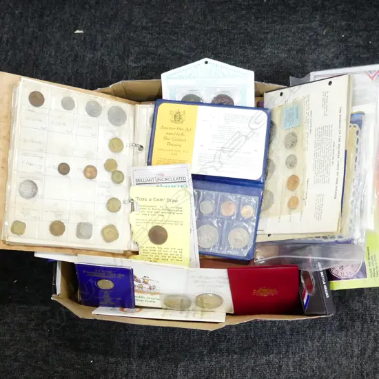LARGE BOX OF NUMISMATIC ITEMS. SCHOOLBOY ALBUM COLLECTIONS UNCIRCULATED COINS ETC. 