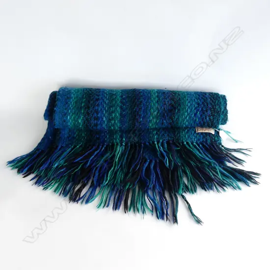 BLUE / GREEN WOOL THROW BY SUE BROAD HAND WEAVER PALMERSTON NORTH