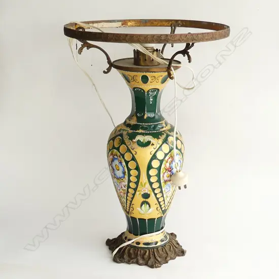 LG VENETIAN STYLE GREEN GLASS KERO LAMP LATER ELECTRIFIED H.600mm