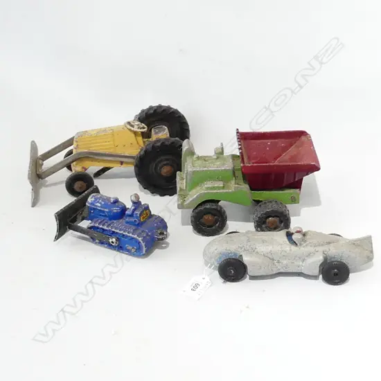 4 VINTAGE FUNHO TOYS EARTH MOVER TRACTOR BULLDOZER & RACE CAR