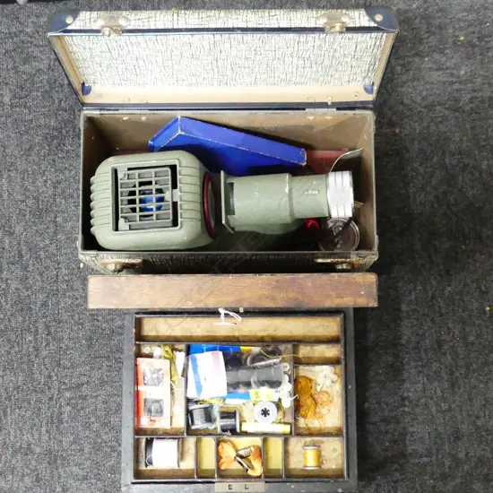 TWO ITEMS. BOXED ' NIKOLET ' SLIDE PROJECTOR AND OLD SEWING BOX WITH CONTENTS .