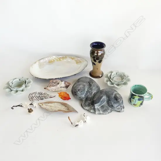 INUIT STONE CARVING SEALS + ASST CERAMICS + Doulton vase & leaf sculptures etc