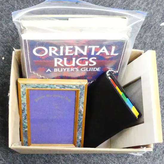 SM BOX MISC; ORIENTAL  RUG BOOKS, MOP & PAUA PHOTO FRAMES, & LEATHER PLAYBOY COMPENDIUM
