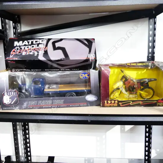 3 BOXED MODELS DIE CAST FLAT BED TRUCK L460MM MOTORBIKE & DRAG CAR L440MM