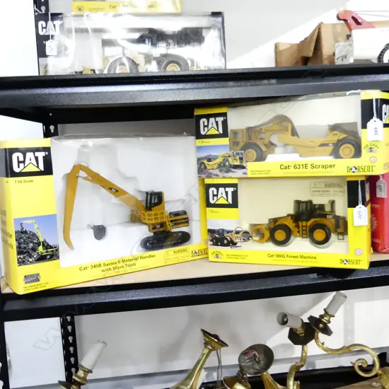 3 BOXED CAT MODELS FOREST MACHINE L300 MATERIAL HANDLER L380MM & SCRAPER L350MM