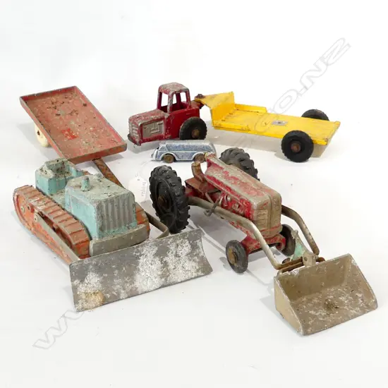 4 VINTAGE FUNHO TOYSTRACTOR & TRAILER BULLDOZER VEHICAL MOVER & SMALL BUS