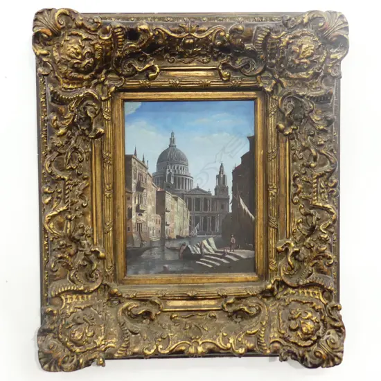 GILT FRAMED PAINTING ON BOARD. REPRODUCTION FRAME AND OIL PAINTING ON BOARD WITH APOLOGIES TO CANALETTO. H.400 W.300mm