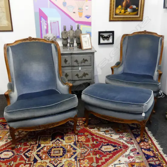PR FRENCH BERGERE ARMCHAIRS IN BLUE VELVET UPHOLSTERY 750x750x1080mm + MATCHING OTTOMAN 800x500x500mm