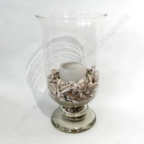 LGE GLASS HURRICANE LAMP W SHELLS & CANDLE