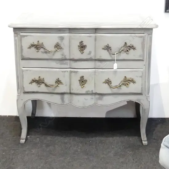 VINTAGE FRENCH 2 DRAWER COMMODE grey painted oak with lge decorative gilt handles & escutcheons