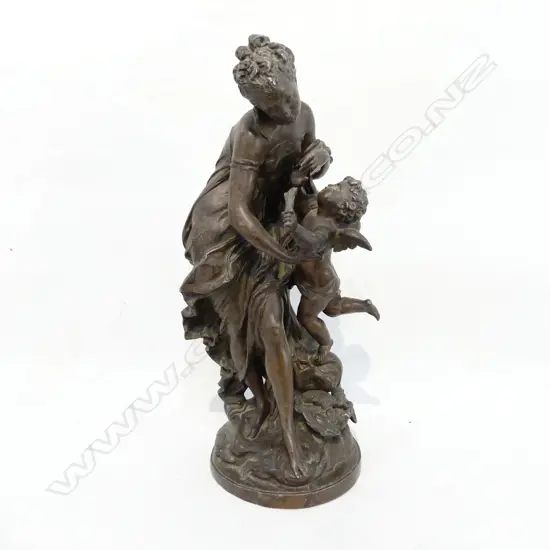 LARGE SPELTER FIGURE LADY & CUPID ON WOOD BASE H580MM