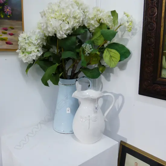 2 TALL JUGS: OLD BLUE ENAMEL WFAUX FLOWERS + WHITE JUG W DRAGONFLY