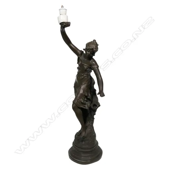 FRENCH BRONZE LAMP SIGNED LOUIS MARCIA H.560mm a young woman in diaphanous dress in dancing? pose.  Dent to base.