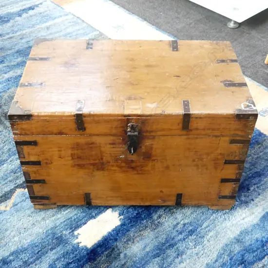 19thC HARDWOOD STEEL BOUND TRUNK characterful piece