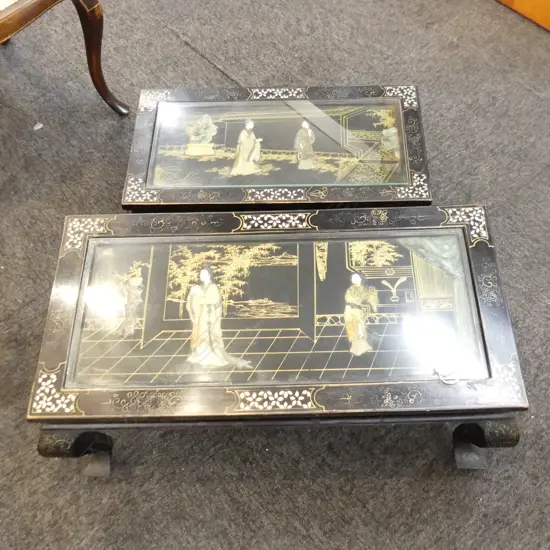 2 LOW ORIENTAL BLACK LACQUER, MoP & GILT TABLES - PICTURE TOP 730x370x310mm