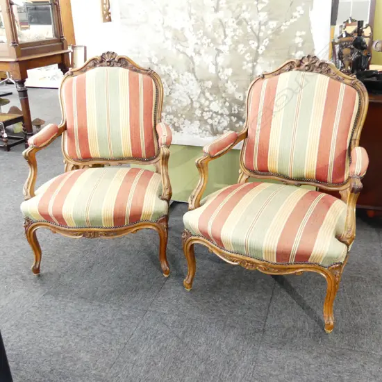 PR FRENCH BERGERE OPEN ARMCHAIRS IN STRIPED UPHOLSTERY...