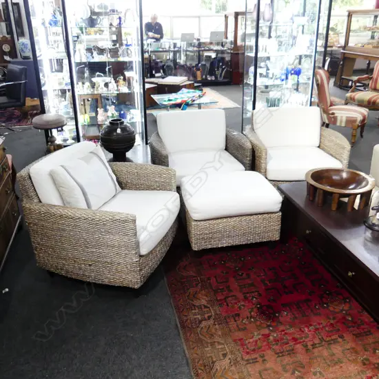 SET 3 WATER HYACHINTH PATIO CHAIRS + STOOL with loose cushions