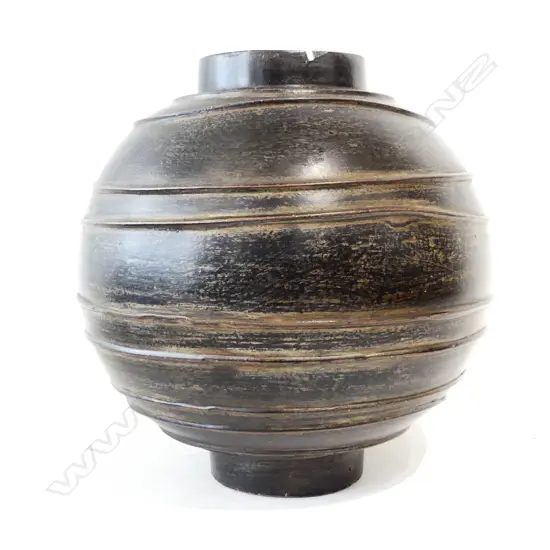 DARK FINISHED TERRACOTTA SPHERICAL VASE with ribs H.300mm
