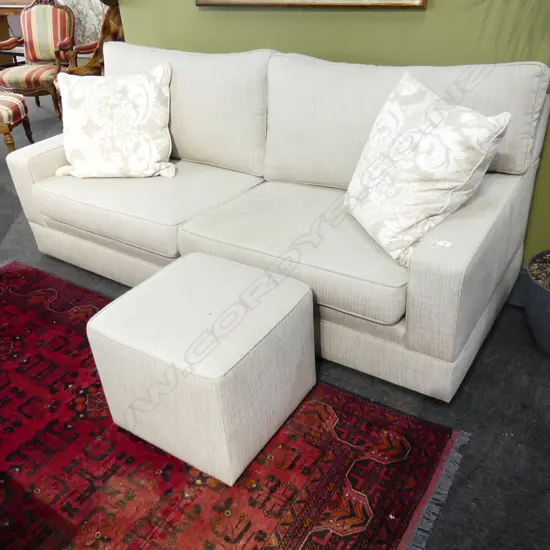 MODERN LINEN UPHOLSTERED 3 SEATER COUCH W.2130mm w square stool
