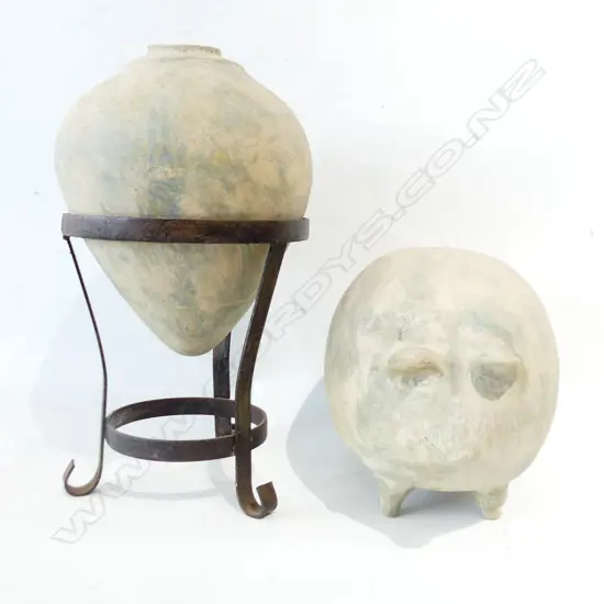 GRECIAN POTTERY URN in metal stand + TERRACOTTA ROTUND PIG
