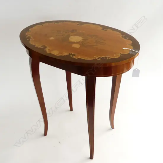 ITALIAN SORENTO INLAID OVAL MUSICAL SIDE TABLE 470x320mm