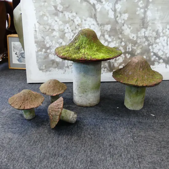 5 ASST PAINTED CONCRETE GARDEN MUSHROOMS, LARGEST DIA 370mm, SMALLERS 150mm