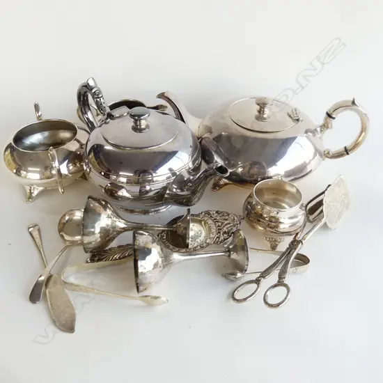 BOX ASST SILVER PLATE INCL 3 PC TEA SET, SERVING UTENSILS ETC.. 
