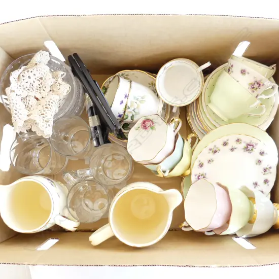 BOX LOT ASST TRIOS INCL ROYAL ALBERT, QUEEN ANNE, GLASS BOWLS & BEER MUGS ETC..