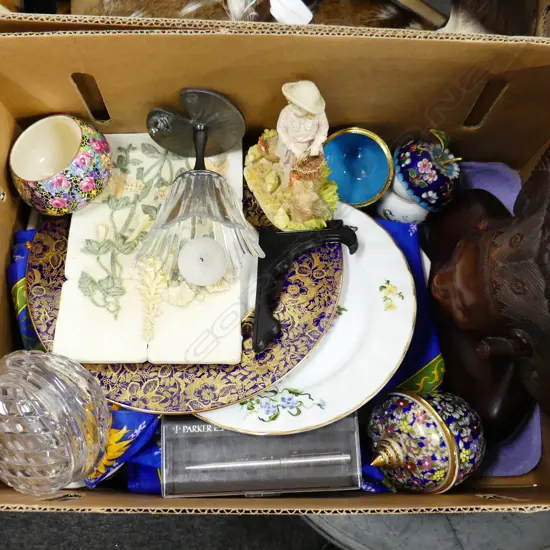 BOX LOT ASST. CHINA, WOODEN ORIENTAL BUST, PARKER PEN ETC