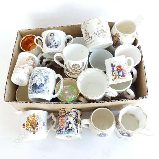 BOX LOT ASST. ROYAL MUGS; LATE 19thC TO MODERN ETC